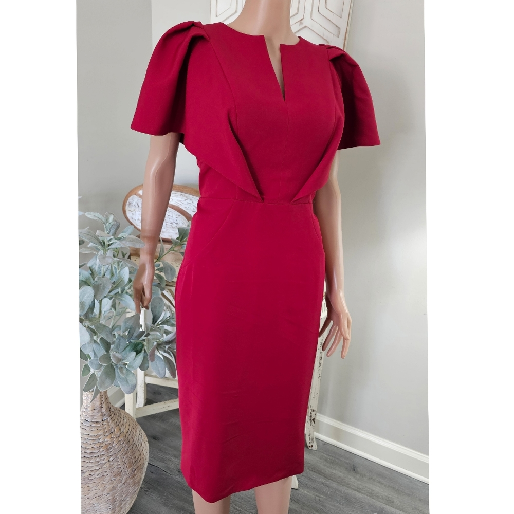 TS Couture Deep Red Ruffled Angel Sleeve Knee Length Sheath Dress